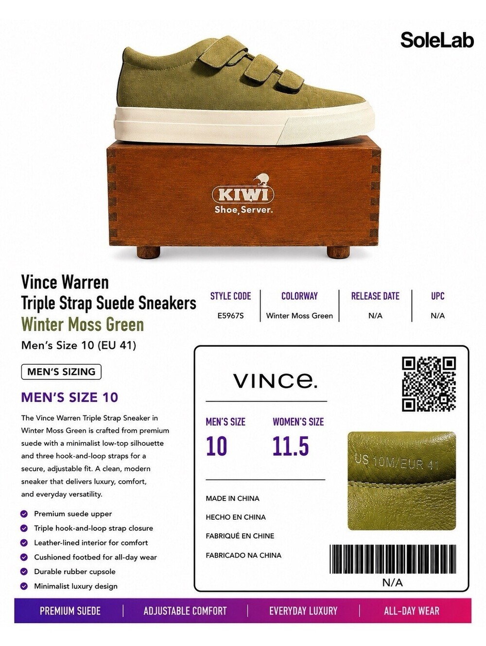 Vince Warren Triple Strap Suede Sneakers Winter Moss Green Men’s 10 EU 41